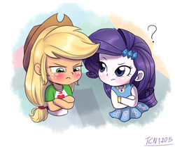 Size: 1500x1256 | Tagged: safe, artist:tcn1205, applejack, rarity, human, equestria girls, equestria girls specials, g4, my little pony equestria girls: better together, my little pony equestria girls: rollercoaster of friendship, blushing, chibi, crossed arms, cute, duo, female, geode of shielding, geode of super strength, humanized, jackabetes, lesbian, pony coloring, question mark, raribetes, scene interpretation, ship:rarijack, shipping