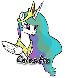 Size: 913x1085 | Tagged: safe, artist:fork, princess celestia, alicorn, pony, g4, beautiful, crown, female, folded wings, jewelry, mare, multicolored mane, name, necklace, peytral, purple eyes, regalia, smiling, solo, text