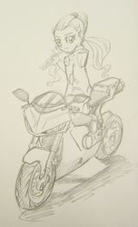 Size: 528x871 | Tagged: safe, artist:dadss_rootbeer, sugarcoat, equestria girls, g4, my little pony equestria girls: friendship games, female, grayscale, looking at you, monochrome, motorcycle, solo, traditional art