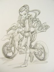 Size: 913x1216 | Tagged: safe, artist:dadss_rootbeer, sugarcoat, equestria girls, g4, my little pony equestria girls: friendship games, female, grayscale, monochrome, motorcycle, solo, traditional art