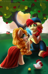 Size: 990x1530 | Tagged: safe, artist:bumblebun, bright mac, pear butter, earth pony, pony, g4, apple tree, female, harvest moon, intertwined trees, male, pear tree, ship:brightbutter, shipping, straight, tree, video game crossover