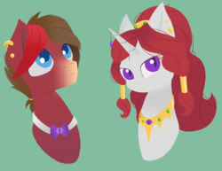 Size: 1024x792 | Tagged: dead source, safe, artist:cha-squared, oc, oc only, oc:bolt, oc:boltblood thundercloud, oc:ruby scales, earth pony, pony, unicorn, bust, female, green background, male, mare, mare oc, portrait, simple background, stallion, stallion oc
