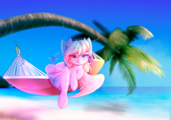Size: 2000x1400 | Tagged: safe, artist:vensual99, oc, oc only, oc:bay breeze, pegasus, pony, rcf community, beach, bow, cocktail, cute, female, hair bow, hammock, looking at you, mare, palm tree, summer, sun bathing, tree