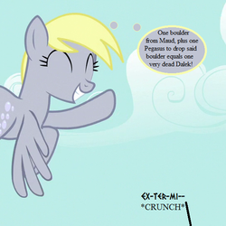 Size: 546x546 | Tagged: safe, edit, edited screencap, editor:korora, screencap, derpy hooves, g4, no second prances, beware the nice ones, cropped, doctor who, epic derpy, flying, implied dalek, implied death, implied maud pie, implied rock, killed mid-sentence, killed mid-word, text, thought bubble