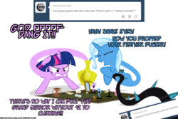 Size: 500x333 | Tagged: safe, artist:navitaserussirus, trixie, twilight sparkle, pony, asktwixiegenies, g4, black vine, board game, clothes, dice, female, lesbian, maid, mirror, ship:twixie, shipping, tumblr