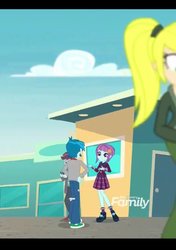 Size: 535x761 | Tagged: safe, screencap, ash ball, sunny flare, thunderbass, track starr, equestria girls, equestria girls series, g4, rollercoaster of friendship, background human, clothes, cropped, crystal prep academy uniform, discovery family logo, school uniform