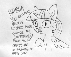 Size: 1640x1307 | Tagged: safe, artist:tjpones, twilight sparkle, alicorn, lizard pony, pony, g4, bad poker face, conspiracy theory, dialogue, fangs, female, lineart, mare, not a lizard pony, open mouth, seems legit, solo, traditional art, twilight sparkle (alicorn)