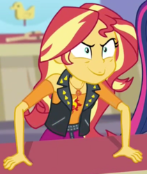 Size: 916x1087 | Tagged: safe, edit, edited screencap, screencap, sci-twi, sunset shimmer, twilight sparkle, equestria girls, equestria girls specials, g4, my little pony equestria girls: better together, my little pony equestria girls: rollercoaster of friendship, >:), cropped, evil smile, geode of empathy, inverted mouth, scary face, smiling, solo focus, want
