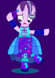 Size: 1000x1414 | Tagged: safe, artist:php185, starlight glimmer, pony, g4, clothes, dress, equestria girls ponified, female, ponified, purple background, simple background, solo, standing, standing on one leg