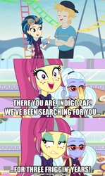 Size: 917x1536 | Tagged: safe, edit, edited screencap, screencap, gold rush (g4), indigo zap, sour sweet, sugarcoat, equestria girls, equestria girls specials, g4, my little pony equestria girls: better together, my little pony equestria girls: dance magic, my little pony equestria girls: rollercoaster of friendship, background human, bipolar, cameo, crystal prep shadowbolts, image macro, jealous, meme, reunion, roleplay in the comments, two-face sour sweet