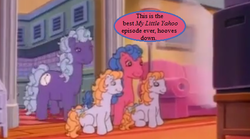 Size: 513x285 | Tagged: safe, edit, edited screencap, editor:korora, screencap, jing-a-ling, melody, melody's mother, ting-a-ling, earth pony, pony, battle of the bands (episode), g1, my little pony tales, cropped, gulliver's travels, my little human, speech bubble, television, text