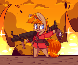 Size: 2304x1920 | Tagged: safe, artist:dsp2003, oc, oc:slypai, pony, unicorn, ace of hearts, bipedal, blushing, chibi, cloud, colt, commission, cute, explosion, male, open mouth, signature, smoke, soldier, soldier (tf2), style emulation, team fortress 2