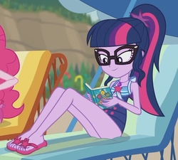 Size: 2100x1890 | Tagged: safe, screencap, pinkie pie, sci-twi, twilight sparkle, equestria girls, equestria girls series, friendship math, g4, book, clothes, cropped, feet, female, flip-flops, geode of telekinesis, glasses, legs, lounge, lounging, one-piece swimsuit, ponytail, reading, sandals, schrödinger's pantsu, sci-twi swimsuit, sexy, sitting, solo focus, swimsuit