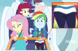 Size: 906x594 | Tagged: safe, edit, edited screencap, screencap, fluttershy, rainbow dash, roseluck, track starr, equestria girls, equestria girls specials, g4, my little pony equestria girls: better together, my little pony equestria girls: rollercoaster of friendship, background human, biting, discovery family logo, geode of fauna, geode of super speed, looking at you, magical geodes, out of context, roller coaster, stop the ride, tongue bite, unnamed character, unnamed human, worried, zoom