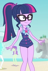 Size: 1411x2100 | Tagged: safe, screencap, sci-twi, starlight, twilight sparkle, equestria girls, equestria girls series, forgotten friendship, g4, background human, beach, clothes, cropped, geode of telekinesis, glasses, legs, ponytail, sci-twi swimsuit, sexy, swimsuit, thighs