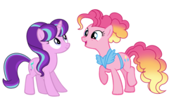 Size: 2848x1680 | Tagged: dead source, safe, artist:rainbows-skies, pinkie pie, starlight glimmer, earth pony, pony, unicorn, g4, alternate design, alternate hair color, alternate hairstyle, apron, clothes, gradient mane, simple background, transparent background