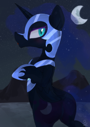 Size: 2000x2820 | Tagged: safe, artist:yunyeyoung, nightmare moon, alicorn, pony, g4, back, bipedal, butt, crescent moon, cutie mark, dock, featureless crotch, female, high res, mare, moon, night, plot, solo, stars