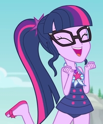 Size: 1759x2100 | Tagged: safe, screencap, sci-twi, twilight sparkle, equestria girls, equestria girls series, forgotten friendship, g4, adorkable, beach, clothes, cropped, cute, dork, feet, female, flip-flops, geode of telekinesis, glasses, open mouth, ponytail, sandals, sci-twi swimsuit, solo, swimsuit, twiabetes