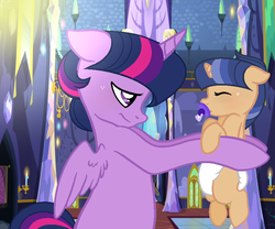 Size: 814x678 | Tagged: dead source, safe, artist:galaxynightyt, twilight sparkle, oc, oc:darling sentry, alicorn, pony, g4, baby, baby pony, diaper, holding a pony, offspring, pacifier, parent:flash sentry, parent:twilight sparkle, parents:flashlight, twilight sparkle (alicorn)