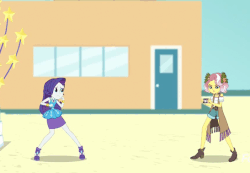 Size: 547x378 | Tagged: safe, screencap, rarity, vignette valencia, equestria girls, equestria girls series, g4, rollercoaster of friendship, animated, attack, clothes, female, gem, geode of shielding, jacket, park, phone, rarity peplum dress, shield