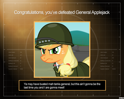 Size: 1280x1024 | Tagged: safe, alternate version, artist:a4r91n, applejack, earth pony, pony, g4, clothes, command and conquer, command and conquer: generals, crossover, grumpy, helmet, looking at you, military uniform, uniform, you win