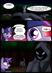 Size: 750x1066 | Tagged: safe, artist:theravencriss, twilight sparkle, alicorn, pony, comic:curse and madness, g4, ambiguous gender, cloak, clothes, comic, creepy, creepy smile, cultist, dark, evil grin, female, forest, grin, hooded cape, mare, mlpcam, night, smiling, text bubbles, twilight sparkle (alicorn)