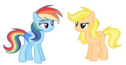 Size: 2784x1448 | Tagged: dead source, safe, artist:rainbows-skies, applejack, rainbow dash, pony, g4, alternate design, colored wings, colored wingtips, simple background, transparent background