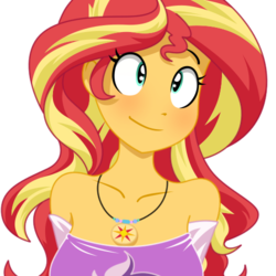 Size: 500x500 | Tagged: dead source, safe, artist:reiduran, color edit, edit, sunset shimmer, equestria girls, g4, blushing, breasts, bust, colored, cute, female, jewelry, necklace, pendant, shimmerbetes, shoulderless, simple background, solo, strapless, white background