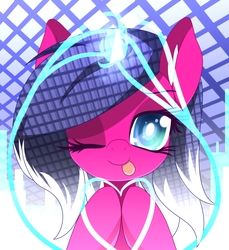 Size: 2290x2500 | Tagged: dead source, safe, artist:an-m, oc, oc only, oc:fizzy pop, pony, unicorn, cute, female, glowing horn, heart, high res, horn, looking at you, mare, one eye closed, pony oc, smiling, solo, tongue out, wink