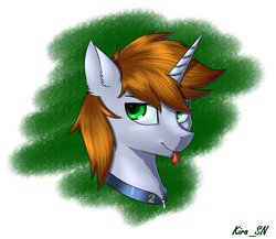 Size: 1728x1500 | Tagged: safe, artist:kirasunnight, oc, oc only, oc:littlepip, pony, unicorn, fallout equestria, abstract background, bust, clothes, ear fluff, fanfic, fanfic art, female, horn, jumpsuit, mare, neck fluff, portrait, solo, tongue out, vault suit