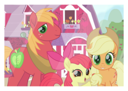 Size: 2960x2093 | Tagged: safe, artist:spookitty, apple bloom, applejack, big macintosh, earth pony, pony, g4, apple, apple bloom's bow, apple tree, applejack's hat, bow, cowboy hat, female, filly, flower, food, hair bow, happy, hat, high res, looking at you, male, mare, open mouth, photo, picture, pony tale adventures, smiling, stallion, sweet apple acres, tree, waving