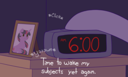 Size: 1500x908 | Tagged: safe, artist:evehly, pony, alarm clock, clock, implied princess celestia, implied twilight sparkle, nightstand, offscreen character