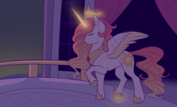 Size: 1500x908 | Tagged: safe, artist:evehly, princess celestia, alicorn, pony, g4, balcony, canterlot castle, crown, female, glowing horn, horn, jewelry, magic, necklace, regalia, solo, telekinesis