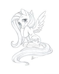 Size: 1630x2048 | Tagged: safe, artist:chihirohowe, fluttershy, pegasus, pony, g4, black and white, cute, female, grayscale, mare, monochrome, pencil drawing, shyabetes, simple background, sitting, smiling, solo, spread wings, traditional art, white background, wings