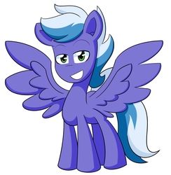 Size: 1247x1280 | Tagged: safe, artist:jake heritagu, oc, oc only, oc:stormy nights, pegasus, pony, lidded eyes, male, offspring, parent:rainbow dash, parent:soarin', parents:soarindash, simple background, solo, spread wings, stallion, white background, wings