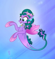 Size: 1000x1073 | Tagged: safe, artist:pixelkitties, seapony (g4), g4, bubble, clothes, crepuscular rays, dorsal fin, female, fin, fin wings, fins, fish tail, floppy ears, flower, flower in hair, flowing mane, flowing tail, jewelry, mare, necklace, ocean, open mouth, open smile, scales, seaponified, see-through, smiling, solo, sunlight, swimming, tail, underwater, water, wings