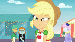 Size: 1280x720 | Tagged: safe, screencap, applejack, pearly stitch, snails, snips, equestria girls, equestria girls specials, g4, my little pony equestria girls: better together, my little pony equestria girls: rollercoaster of friendship, clothes, collar, cowboy hat, equestria land, freckles, geode of super strength, hair, hat, ponytail, shirt, t-shirt, teenager