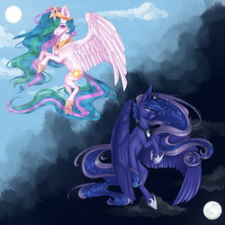 Size: 3000x3000 | Tagged: safe, artist:fellabyss, artist:spaceyart1, princess celestia, princess luna, alicorn, pony, g4, collaboration, crown, duo, female, high res, jewelry, mare, necklace, regalia, sisters