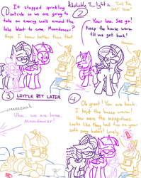 Size: 1280x1611 | Tagged: safe, artist:adorkabletwilightandfriends, moondancer, spike, starlight glimmer, twilight sparkle, alicorn, dragon, insect, mosquito, pony, unicorn, comic:adorkable twilight and friends, g4, adorkable twilight, bed, bug bite, comic, cream, game, glowing, glowing horn, horn, itch, itchy, lineart, lying down, magic, magic aura, mosquito bite, scratching, slice of life, tablet, teasing, telekinesis, twilight sparkle (alicorn), video game