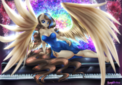 Size: 1024x718 | Tagged: safe, artist:bunnywhiskerz, oc, oc only, oc:soprano, pegasus, anthro, unguligrade anthro, anthro oc, clothes, dress, female, large wings, looking at you, mare, musical instrument, nail polish, piano, side slit, solo, spread wings, total sideslit, wings