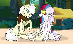 Size: 5000x3000 | Tagged: safe, artist:euspuche, oc, oc:awoken, oc:pan, oc:pierrot fisher, pony, beach, family, father and daughter, female, looking at each other, lying down, male, mother and daughter, smiling, tongue out