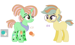 Size: 761x456 | Tagged: safe, artist:mlpfangirl17, artist:selenaede, oc, oc only, oc:grass notes, oc:harp, earth pony, pony, unicorn, bandana, base used, dreadlocks, duo, ear piercing, earring, female, glasses, hipster, jewelry, magical lesbian spawn, mare, next generation, offscreen character, offspring, parent:lyra heartstrings, parent:tree hugger, piercing, ponytail, simple background, sisters, tattoo, white background