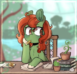 Size: 827x800 | Tagged: safe, artist:urbanqhoul, oc, oc only, oc:withania nightshade, pony, book, chair, cute, desk, female, greenhouse, mare, mouth hold, pencil, plant, potted plant, solo, tree