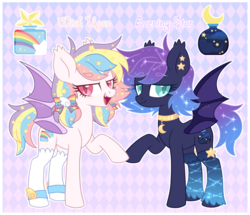 Size: 3600x3100 | Tagged: safe, artist:hawthornss, oc, oc only, oc:evening star, oc:wish upon, bat pony, pony, bat pony oc, blushing, choker, clothes, collar, constellation, constellation hair, cute, cute little fangs, cutie mark, ear fluff, ethereal mane, fangs, high res, looking at you, open mouth, reference sheet, siblings, socks, starry mane, text, twins