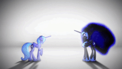 Size: 1350x759 | Tagged: safe, artist:warpout, nightmare moon, princess luna, alicorn, pony, lullaby for a princess, g4, animated, ethereal mane, female, gif, hopeless, mare, s1 luna, sad, simple background, transformation, walking, white background, youtube link