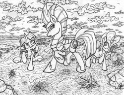 Size: 6601x5100 | Tagged: safe, artist:artponymdp, pinkie pie, tempest shadow, twilight sparkle, alicorn, pony, g4, absurd resolution, monochrome, traditional art, twilight sparkle (alicorn)