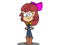 Size: 800x600 | Tagged: safe, apple bloom, human, g4, boots, bow, female, overalls, shoes, short sleeves, simple background, solo, the loud house, white background