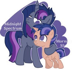 Size: 1470x1403 | Tagged: safe, artist:rosiepie15, oc, oc:midnight spectrum, oc:morning star, pony, unicorn, abstract background, base used, blank flank, brothers, colt, duo, hug, male, no pupils, offspring, parent:flash sentry, parent:twilight sparkle, parents:flashlight, simple background, transparent background