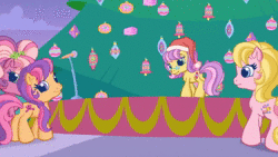 Size: 1280x720 | Tagged: safe, screencap, apple spice, cheerilee (g3), cupcake (g3), daisyjo, desert rose, fiesta flair, fizzy pop, mayor flitter flutter, pinkie pie (g3), rainbow dash (g3), scootaloo (g3), starsong, sweetie belle (g3), toola-roola, whimsey weatherbe, dragon, earth pony, pegasus, pony, unicorn, g3, g3.5, twinkle wish adventure, animated, christmas, christmas tree, core seven, dragoness, female, glasses, hat, holiday, mare, microphone, no sound, santa hat, tree, webm, youtube link