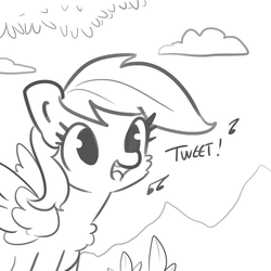 Size: 1650x1650 | Tagged: safe, artist:tjpones, rainbow dash, bird, pegasus, pony, g4, behaving like a bird, birb, bird noises, cheek fluff, chest fluff, cute, dashabetes, female, fluffy, grayscale, happy, lineart, mare, meta, monochrome, music notes, open mouth, rainbird dash, simple background, smiling, solo, spread wings, tjpones is trying to murder us, white background, wings